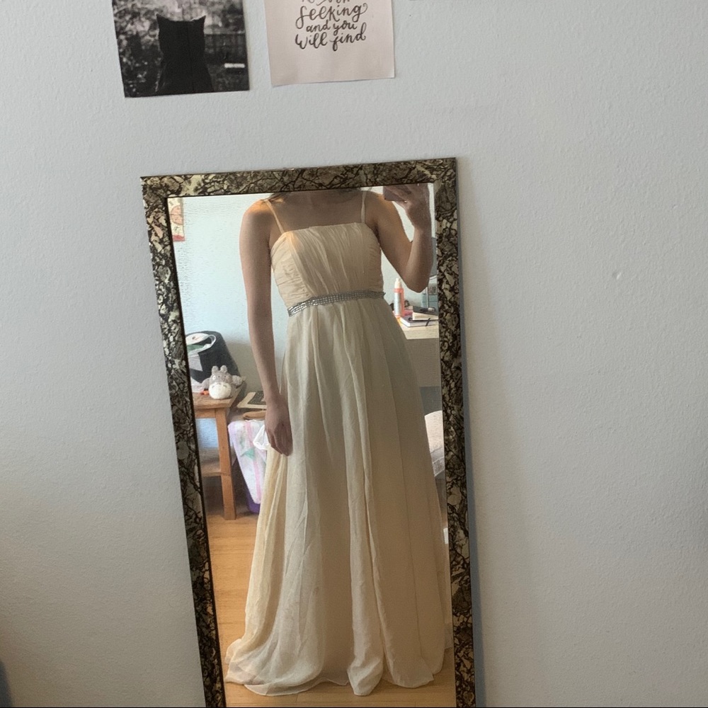 Cream Jeweled Ruched Chiffon Prom Dress